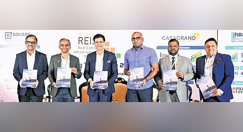 C Velan, CEO, Ceebros Chennai; Sriram Iyer, director and CEO, TVS Emerald Ltd; Anuj Puri, co-founder and chairman, ANAROCK; P Kruthivas, founder and MD, Pushkar Properties Pvt Ltd; Bhupesh Nagarajan,
co-chairman FICCI TN State Council & CMD Indira Group of Companies; and Sanjay Chugh, city head and director, Anarock Property Consultants Pvt Ltd at the release of the report