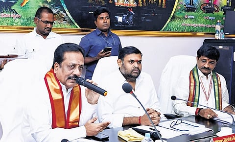 MLA Bojjala Sudheer Reddy and Chairman Kotte Sai Prasad at the Srikalahasti temple trust board meeting on Thursday.