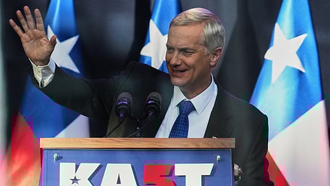 Chilean presidential candidate Jose Antonio Kast, of the Republican Party, addresses supporters during a rally ahead of the presidential runoff election in Temuco, Chile, Thursday, Dec. 11, 2025.