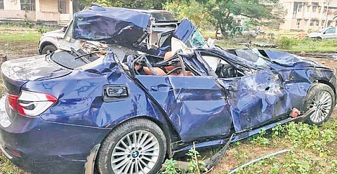 The mangled remains of the car that met with the accident