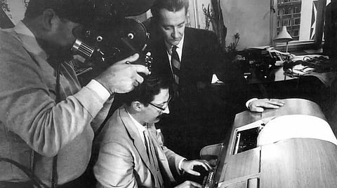 Professor Joseph Weizenbaum being clicked using the Eliza chatbot at the Massachusetts Institute of Technology, Cambridge, Massachusetts