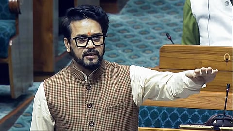 BJP MP Anurag Thakur speaks in Lok Sabha during the ongoing Winter Session of the Parliament in New Delhi on Thursday.