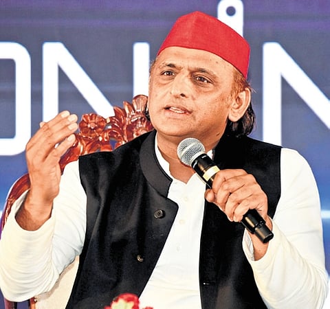 Akhilesh Yadav addressing the media during the Vision india AI summit in Hyderabad on Saturday.