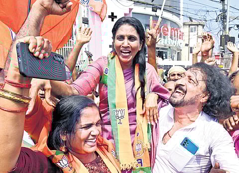 R Sreelekha, NDA winner from Sasthamangalam ward, at the counting centre at Mar Ivanios College in Thiruvananthapuram.