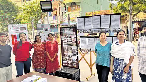 Architect Pavithra Sriram (second from left) and urban planner Dhanya Rajagopal (third from left) with members of Project Thiruvanmiyur Mada Street.