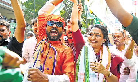 UDF Kochi corporation mayor candidate Deepthi Mary Varghese celebrating her victory on Saturday.