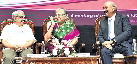 Andhra University Vice-Chancellor GP Rajasekhar, Chairperson of Infosys Foundation and Murthy Trust Sudha Murthy and GMR Group Chairman GM Rao at the AU Alumni Association’s annual meet ‘Waves 2025’ in Visakhapatnam on Saturday.
