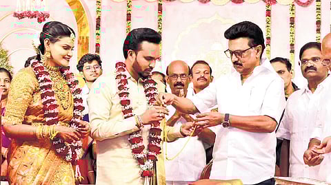 Chief Minister MK Stalin attending the wedding of DMK district secretary
P Palaniappan’s son in Dharmapuri on Sunday