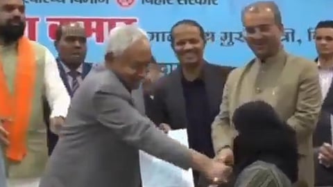 In the widely circulated video, the 74-year-old JD(U) leader is seen handing over a certificate to a woman doctor and gesturing at her to remove her hijab. Before she could respond, Kumar reached out and pulled it down