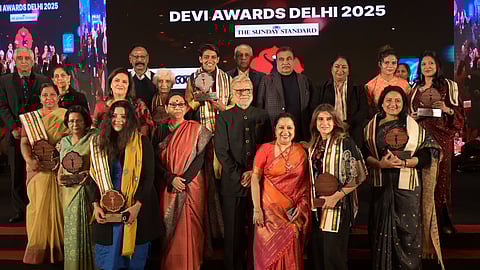 Union Road Transport and Highways Minister Nitin Gadkari, Delhi Chief Minister Rekha Gupta, Express Publications (Madurai) CMD Manoj Kumar Sonthalia, CEO Lakshmi Menon, Editorial Director Prabhu Chawla, Editor Santwana Bhattacharya, and Dinamani Editor K Vaidiyanathan with Devi Awards winners Anita Kundu, Archana Jahagirdar, Dr Meenakshi Jain, Dr Radhika Batra, Rina Dhaka, Shradha Sharma, Simran Sharma, Smita Prakash, Sudha Bhattacharya, and Sonia Mathur in New Delhi on Monday.