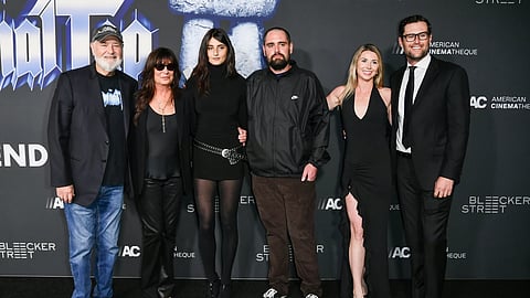 Rob Reiner, from left, Michele Singer Reiner, Romy Reiner, Nick Reiner, Maria Gilfillan, and Jake Reiner arrive at the premiere of “Spinal Tap II: The End Continues” on Tuesday, Sept. 9, 2025, at The Egyptian Theatre Hollywood in Los Angeles.