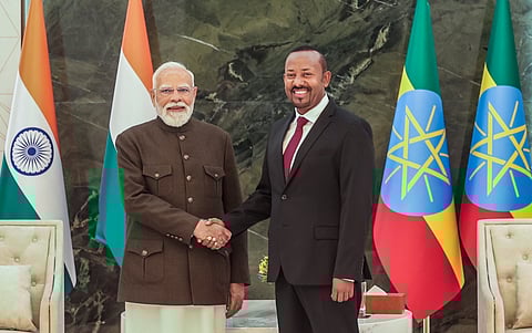 Prime Minister Narendra Modi with his Ethiopian counterpart Abiy Ahmed Ali during a meeting in Addis Ababa, Ethiopia. (Photo | X)