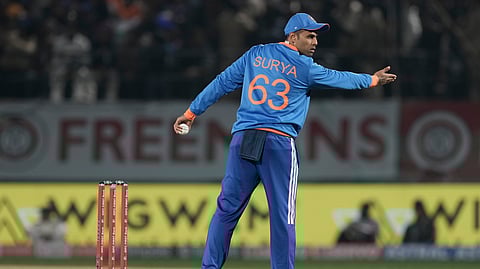 India's captain Suryakumar Yadav sets the field during the third T20 cricket match between India and South Africa in Dharamshala, India, Sunday, Dec. 14, 2025.