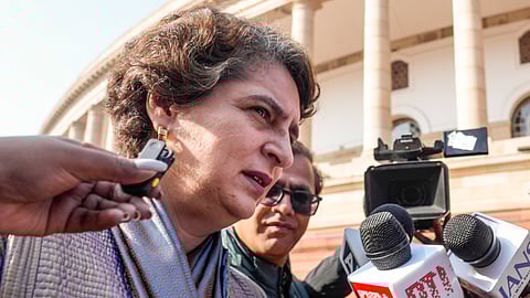 Congress MP Priyanka Gandhi Vadra speaks to the media during the Winter session of Parliament, in New Delhi, Tuesday, Dec. 16, 2025