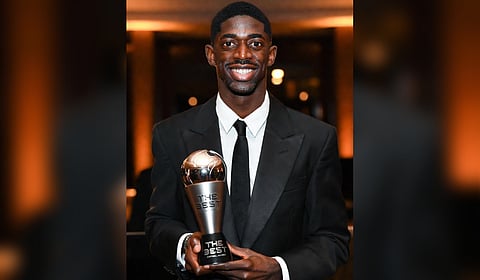 Ousmane Dembele with the men's FIFA Best award.
