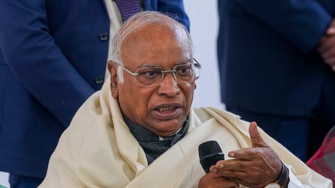 Congress President Mallikarjun Kharge addresses a press conference, in New Delhi, Wednesday, Dec. 17, 2025