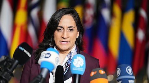 Canada’s Foreign Minister Anita Anand speaks with the media as she arrives for a meeting of NATO foreign ministers at NATO headquarters, in Brussels, Dec. 3, 2025.