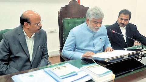 Assembly Speaker Gaddam Prasad Kumar at the open court where he dismissed the disqualification petitions filed against five out of 10 MLAs on Wednesday.