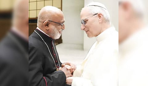 Syro Malabar Church Major Archbishop Mar Raphael Thattil (L) and Pope Leo XIV.