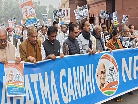 "Will not tolerate disrespect of Mahatma Gandhi": Oppn MPs protest MNREGA renaming in Parliament premises