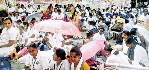 The protesters were eventually bundled into police buses and shifted to a nearby marriage hall.