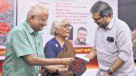 Former chief secretary S M Vijayanand, social activist Aruna Roy and Minister M B Rajesh, during the release of the Malayalam translation of Roy’s ‘The RTI Story’, in Thiruvananthapuram on Wednesday.
