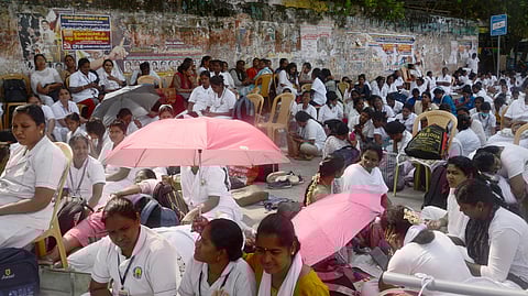 Nurses staged Hunger strike emphasizing demands including fulfillment of election promise 356, organised by Tamil Nadu Nurses Development Association.