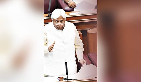 Karnataka Minister HK Patil speaking during the assembly session.