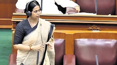 Women and Child Welfare Minister Laxmi Hebbalkar speaks in the Assembly in Belagavi on Wednesday.