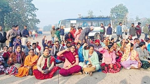Agitators staging road blockade during the 12-hour bandh in Deogarh on Wednesday.