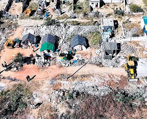 HYDRAA demolishes encroachments at government land in Nizampet village, Bachupally mandal of Medchal - Malkajgiri district.