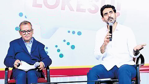 HRD Minister Nara Lokesh interacts with the students of AKNU after inaugurating the new academic blocks in Rajamahendravaram on Friday.