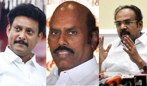 Minister Anbil Mahesh Poyyamozhi (L), Minister EV Velu (C) and Minister Thangam Thennarasu