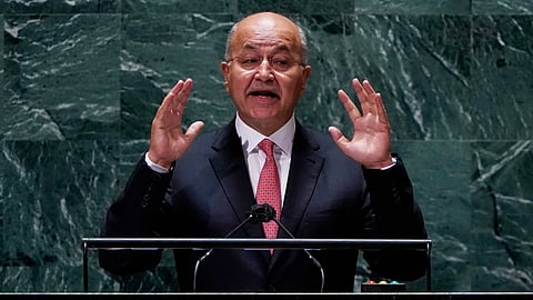 FILE - Barham Salih, President of Iraq addresses the 76th Session of the U.N. General Assembly at United Nations headquarters in New York, on Sept. 23, 2021