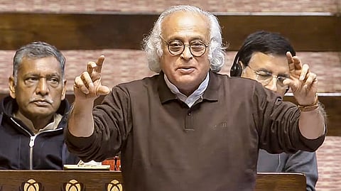 Congress MP Jairam Ramesh speaks in the Rajya Sabha during the Winter session of Parliament, in New Delhi, Thursday, Dec. 18, 2025.