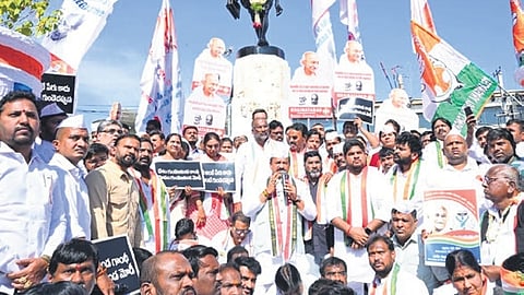 TPCC leaders protest against the renaming of MGNREGA and the structural changes introduced, which undermine the rights and livelihoods of the rural poor across the country at Hyderabad
