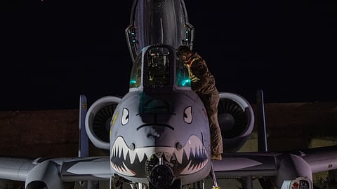 This photo provided by the U.S. Air Force shows a U.S. Airman preparing an A-10 Thunderbolt II for flight from a base in the U.S. Central Command area of responsibility, Friday, Dec. 19, 2025, in support of Operation Hawkeye Strike.
