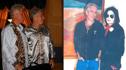 These two undated photos released by the US Department of Justice show former US President Bill Clinton (L) and pop music icon Michael Jackson (R) with convicted sex offender Jeffrey Epstein.