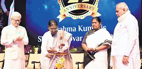 President Droupadi Murmu lights the ceremonial lamp at the conference on ‘Timeless Wisdom of Bharat: Pathways of Peace and Progress’ in Hyderabad