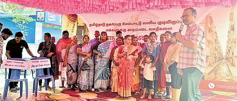 About 100 residents from TNUHDB tenements across Chennai city stage protest near Rajarathinam stadium on Sunday.
