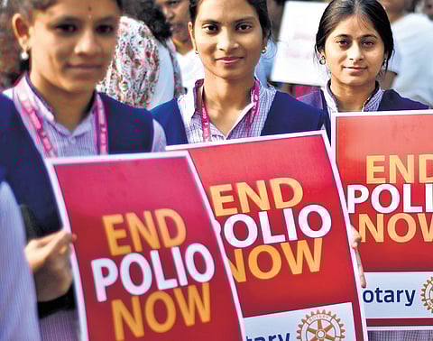 Nursing college students take part in the Pulse Polio awareness rally in Vijayawada on Saturday.
