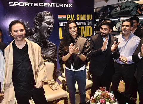 PV Sindhu (2nd L) with Vikram Ghoda (one of the partners of Sports Centre NX), Vikramaditya Dhar (Managing Director, Sunrise Sports) and Karan Dhar (Director, Sunrise Sports) in Chennai on Sunday