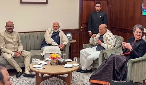 Prime Minister Narendra Modi, Lok Sabha Speaker Om Birla, Defence Minister Rajnath Singh and Congress MP Priyanka Gandhi Vadra during a meeting after the conclusion of the sixth session of the 18th Lok Sabha, in New Delhi, on Friday.