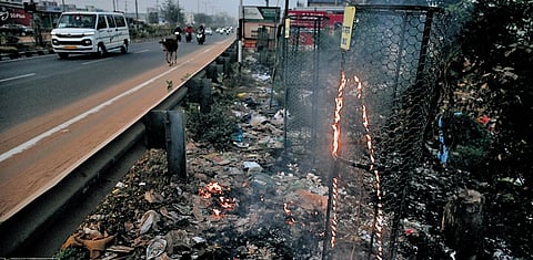 A sapling and its protective fence destroyed after miscreants set garbage on the roadside afire, on Puri bypass road in Bhubaneswar on Monday.