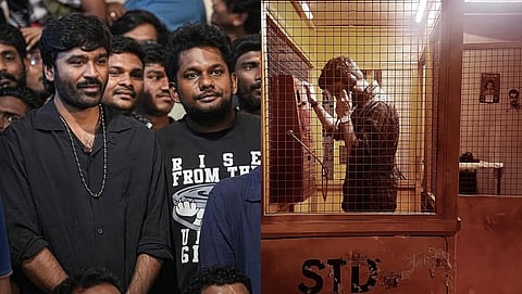 (L) A photo from the wrap-up celebrations of D54; (R) Dhanush in a D54 poster