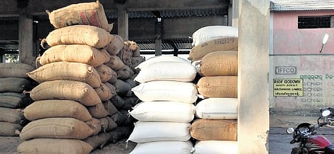 Paddy bags stacked at a procurement centre in Sundargarh district.