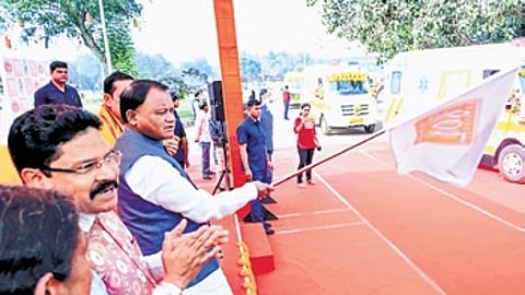 Chief Minister Mohan Charan Majhi flagging off 108 ambulances at Kalinga Stadium in Bhubaneswar on Tuesday