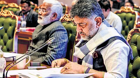 Deputy Chief Minister DK Shivakumar during the 24th meeting of the Special Committee on Interlinking of Rivers, in New Delhi on Tuesday.