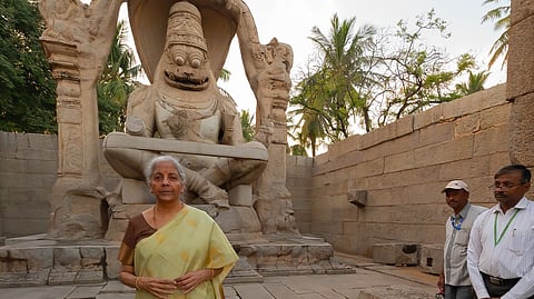 FM Nirmala Sitharaman during her recent visit to Ugra Narasimha monument in Hampi.