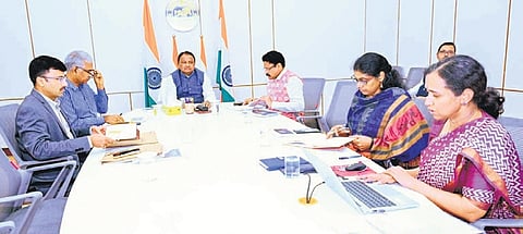 Chief Minister Mohan Charan Majhi chairing the review meeting at Lok Seva Bhawan in Bhubaneswar on Tuesday.